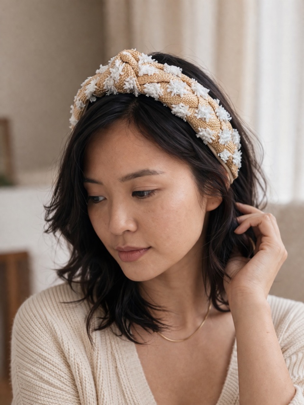 Anthropologie Knotted Raffia Headband Beige & White Textured